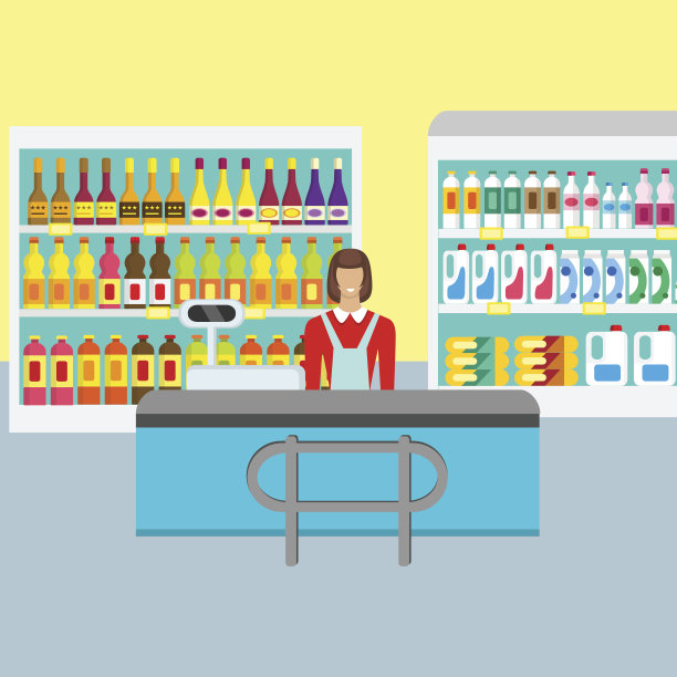 超市收银员。存储柜台办公桌设备。图片下载