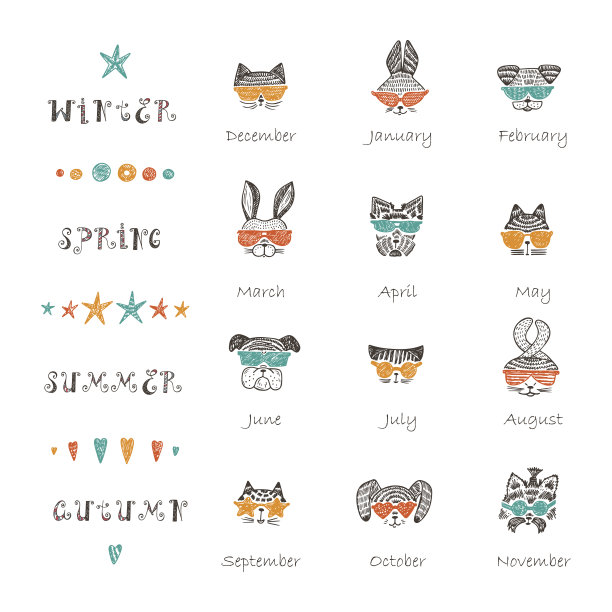 矢量日历模板与涂鸦猫，兔子，狗与太阳镜图片下载