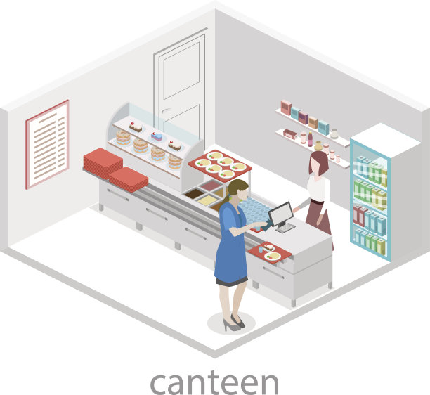 食堂内部的等距平面三维矢量。图片下载