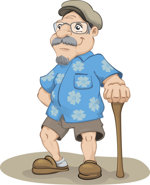 微笑的老男人，穿着衬衫，贝雷帽，百慕大，拖鞋和手杖图片下载