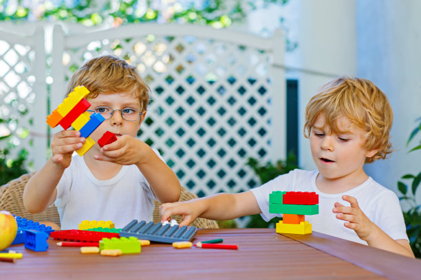 两个小男孩一起玩塑料积木图片下载
