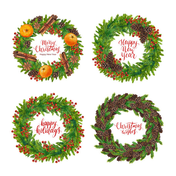 水彩圣诞花环与圣诞文字图片下载