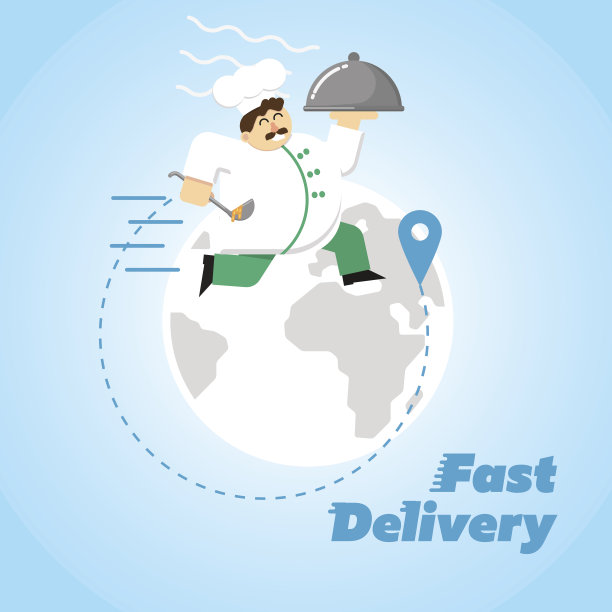 快速交付的旗帜。穿着制服，戴着钟形帽的厨师图片下载