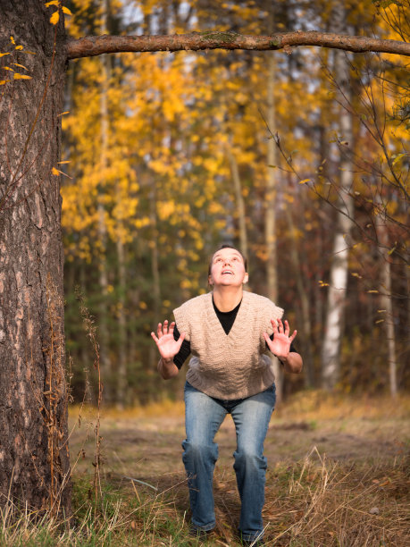 年轻女子抬头看树枝图片下载