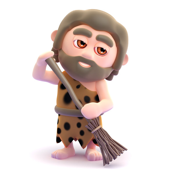 3d穴居人用扫帚整理他的洞穴图片下载