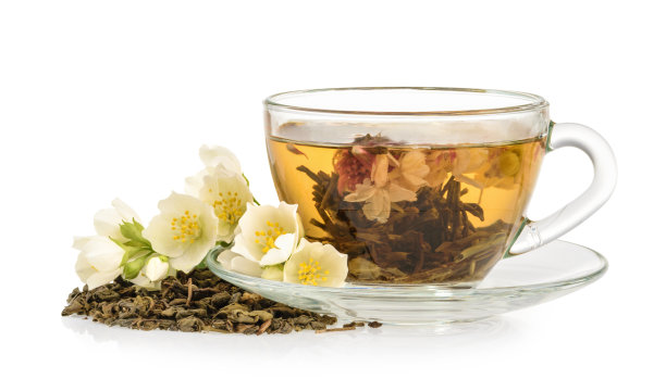 茉莉花茶与茉莉花孤立在白色背景图片下载