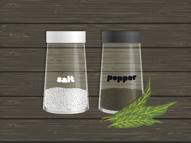 盐，胡椒和月桂叶木质背景纹理。图片下载