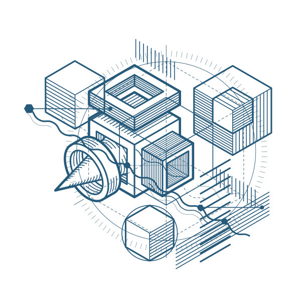 等距抽象背景线性尺寸形状，矢量三维网格元素。由立方体、六边形、正方形、长方形和不同的抽象元素组成。图片下载