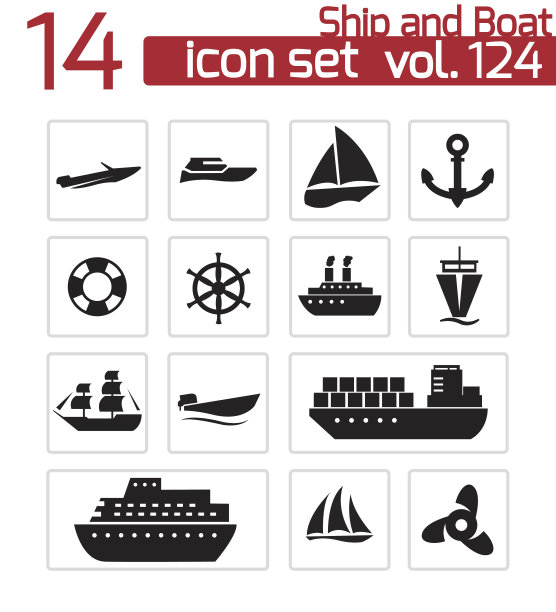 向量黑色船和船的图标设置素材图片