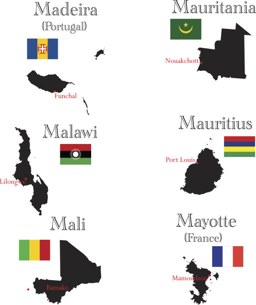 非洲国家。马德拉，马拉维，马里，毛里塔尼亚，毛里求斯，马约特图片下载