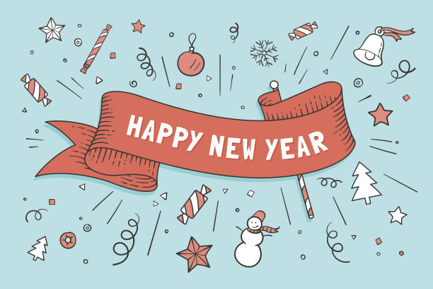 带红丝带的贺卡和新年快乐图片下载