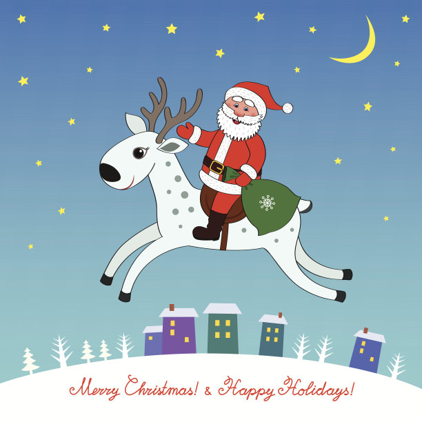 快乐的圣诞老人骑着驯鹿飞过城市图片下载