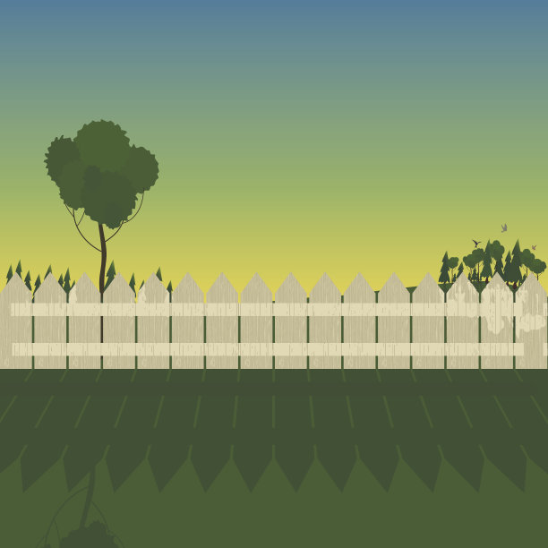 有树和鸟的木栅栏和日落(日出)图片下载