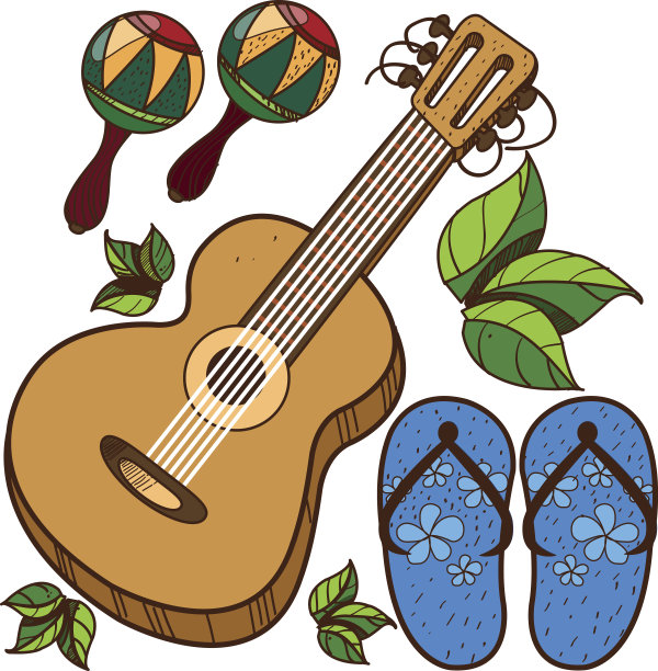 吉他，沙槌，沙滩人字拖。图片下载