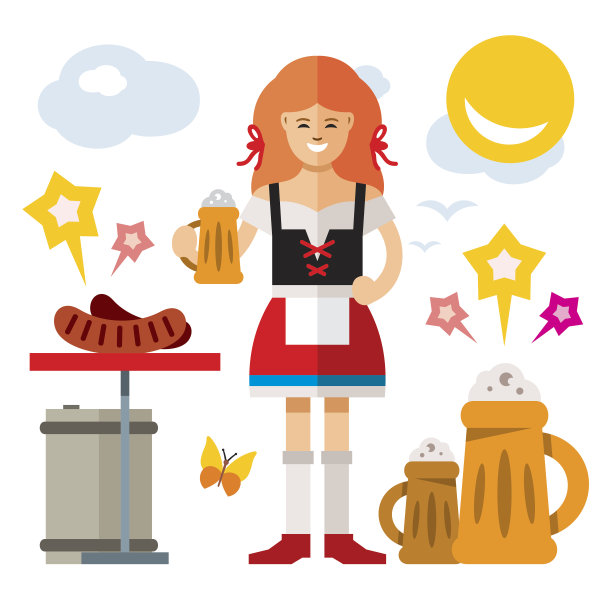 Vector德国女人与啤酒。平面风格彩色卡通插图。图片下载