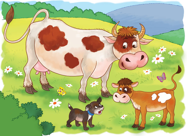 在农场。一只可爱的母牛和一头小牛。对儿童插图。着色页面图片下载