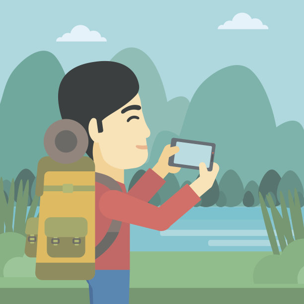 一个背着背包的男人正在拍照。图片下载