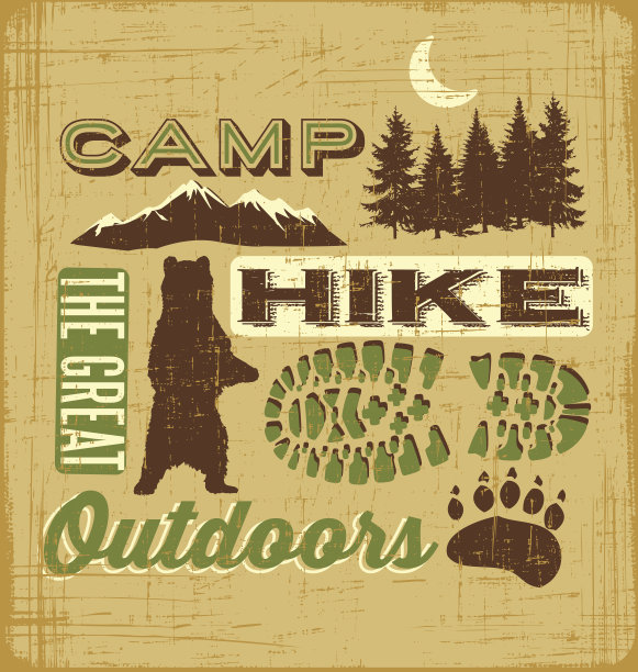 徒步旅行和露营拼贴文字和插图图片下载