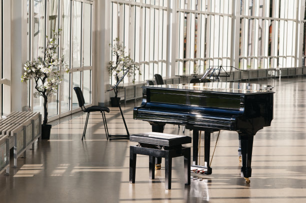 大厅里的大钢琴在阳光下闪闪发光图片下载