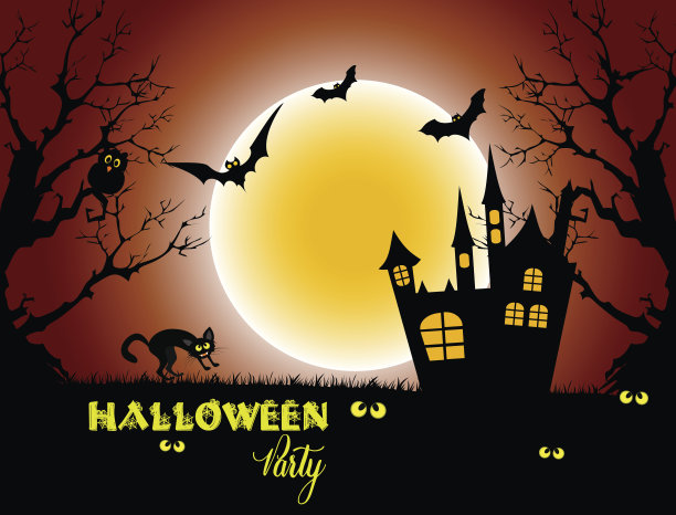 万圣节夜晚的背景与满月和黑猫。图片下载