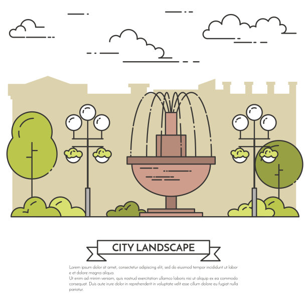 城市景观以喷泉、树木为公共公园线条艺术图片下载