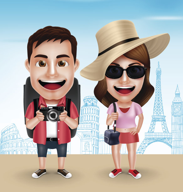 旅游旅行者夫妇矢量人物穿着休闲与旅行包图片下载