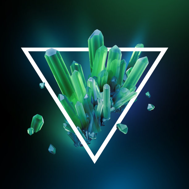 三维渲染，数字插图，抽象水晶三角形框架，现代宝石背景，翠绿色金块图片下载