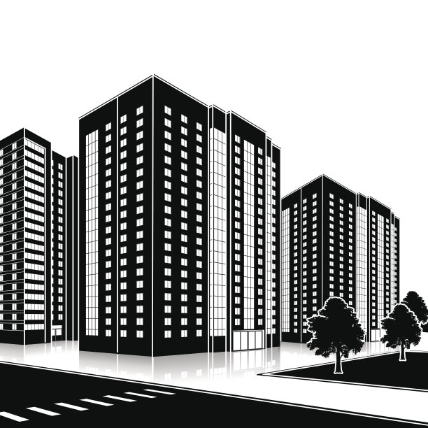 剪影办公大楼与入口和反射图片下载