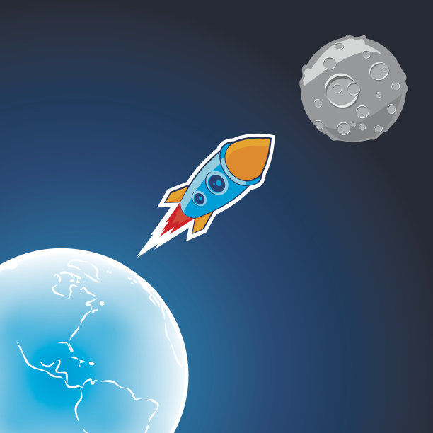 火箭和月亮扁平风格矢量素材图片下载