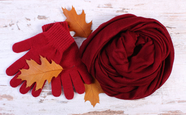 女人的衣服和秋叶在古老的乡村木制背景上图片下载