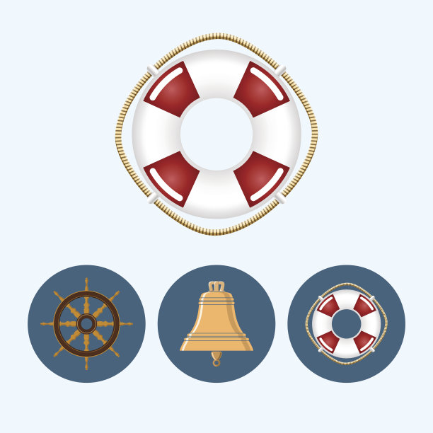 设置图标与彩色钟，救生圈，船轮，矢量插图图片下载