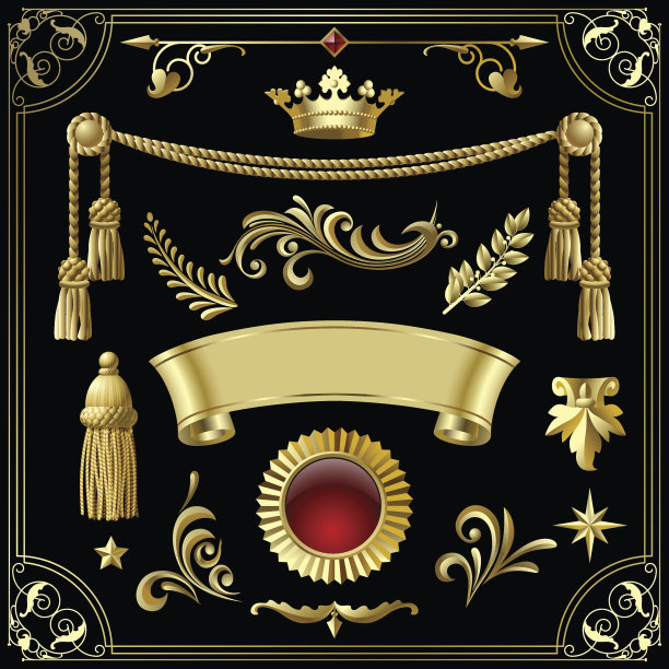 金色复古装饰设计元素孤立在黑色上。图片下载