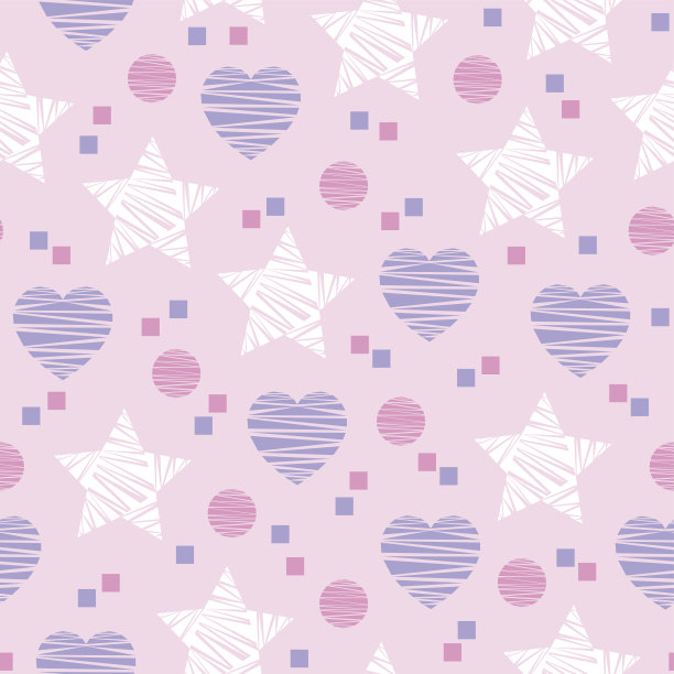 无缝几何图案与白色，粉色，蓝色圆，星星，点。图片下载