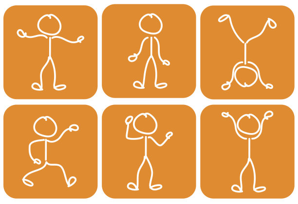 画有各种姿势的棍棒人物/棍棒人，背景为亮橙色图片下载