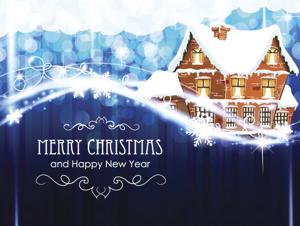 蓝色圣诞背景上的砖砌小屋图片下载