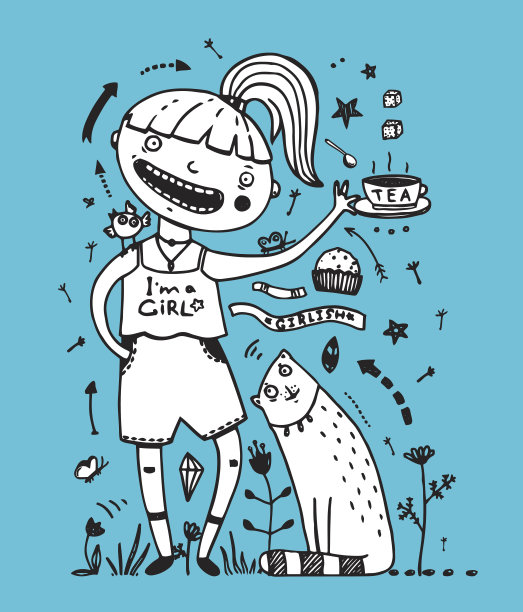 女孩猫和鸟朋友喝茶吃蛋糕图片下载