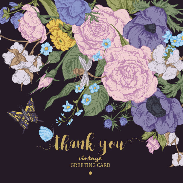 复古花向量卡与玫瑰，银莲花和蝴蝶图片下载