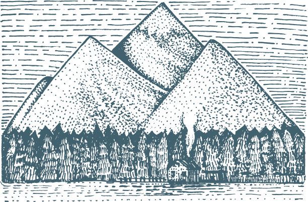 山与房子和森林雕刻，手绘矢量插图图片下载