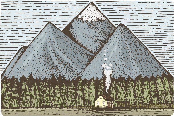 山与房子和森林雕刻，手绘矢量插图图片下载