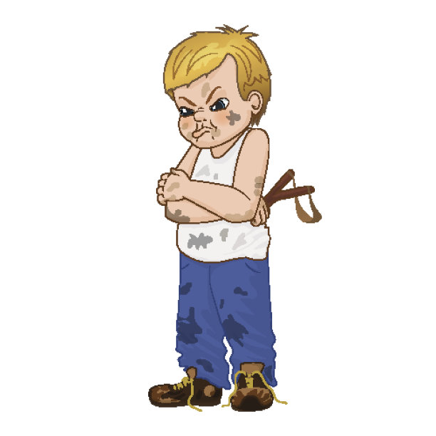 矢量插图愤怒的小恶霸男孩脸上流露出委屈情绪。图片下载