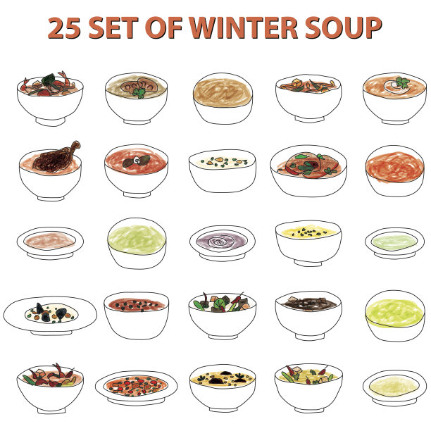 一套冬季汤/意大利面图标图片下载