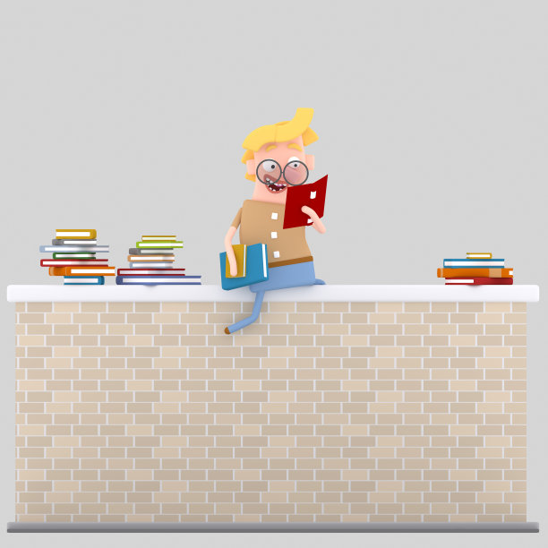 男孩在砖墙上看书图片下载