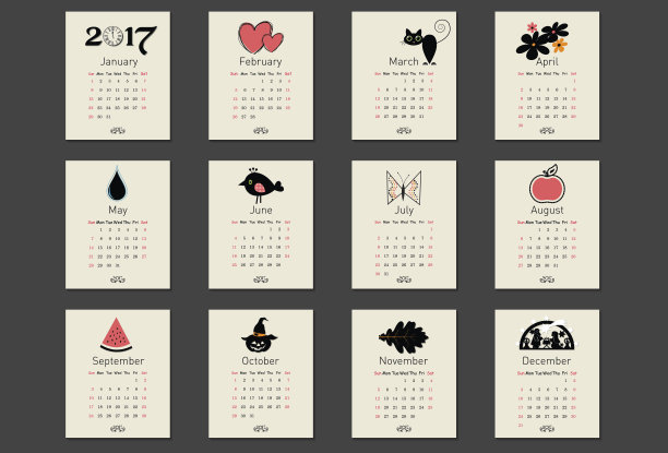 不寻常的日历2017深色风格与可爱的图片图片下载