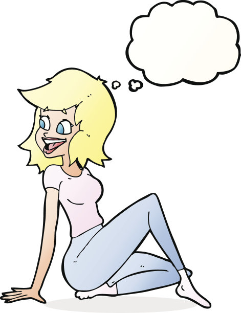 卡通美女看起来很开心，带着思想泡泡图片下载