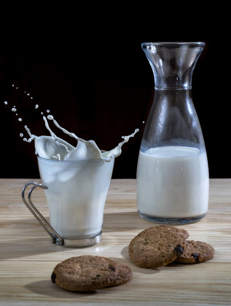 一瓶和一杯牛奶，饼干和喷溅图片下载