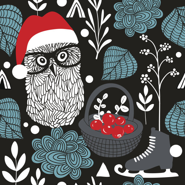 夜猫子圣诞无缝图案。图片下载