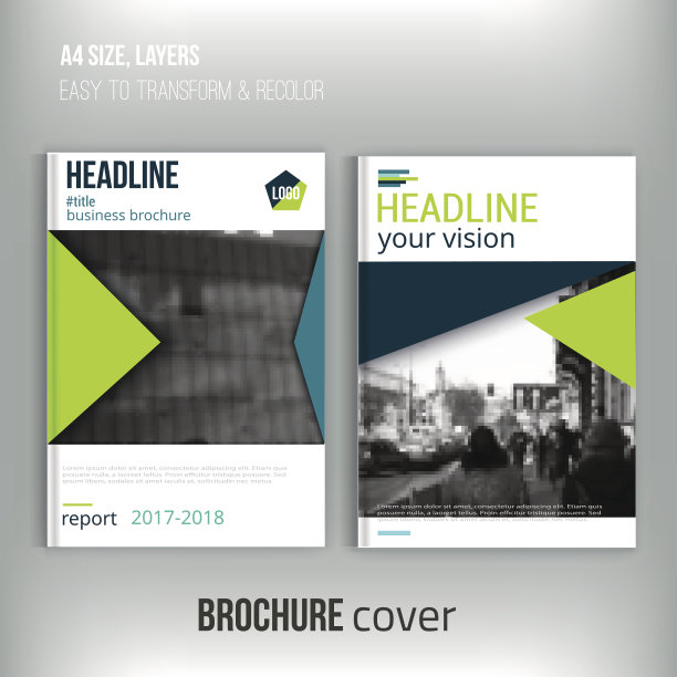 干净的宣传册封面模板与模糊的城市景观和三角形图片下载