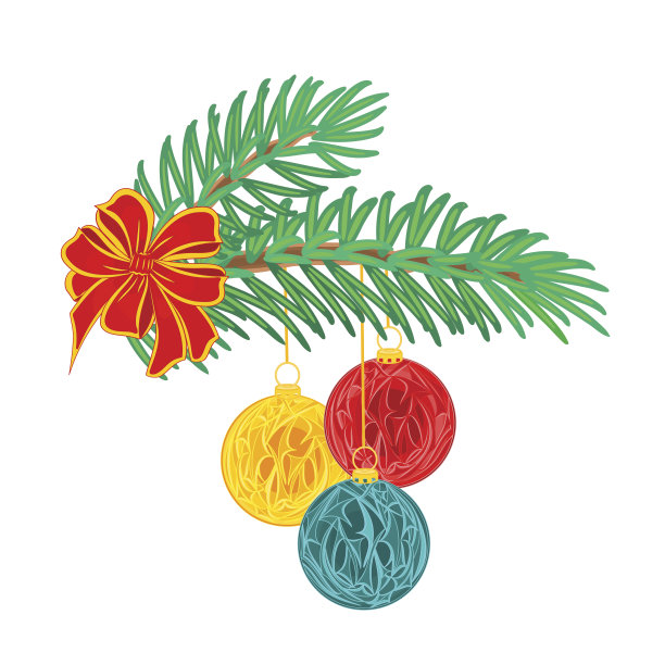 带蝴蝶结和圣诞球的圣诞装饰树枝矢量素材图片下载