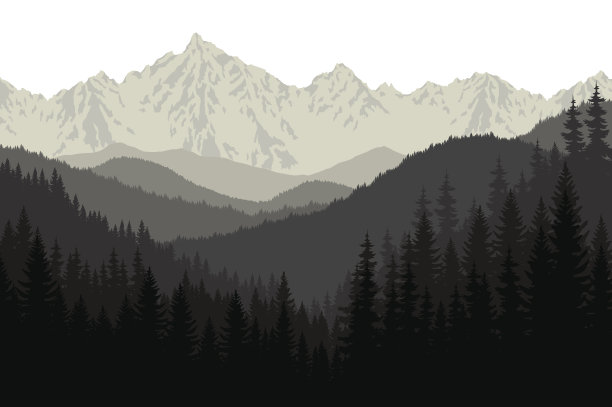 灰山森林复古复古矢量背景插图。素材图片