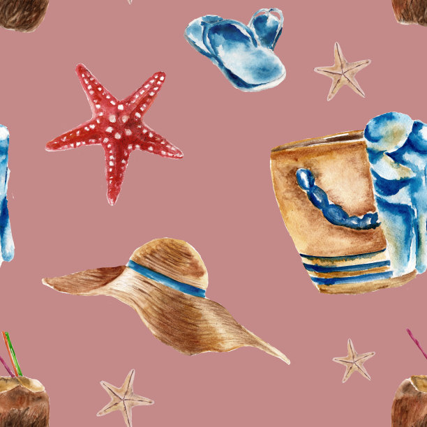 无缝图案的沙滩包，鞋子，太阳镜和一个椰子图片下载